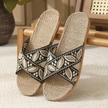 Women's Criss-Cross Linen Slippers, Retro Floral Pattern, Breathable Indoor Floor Slippers For All Seasons - Black - View 4