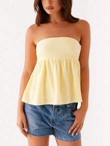 Women Sexy Strapless Ruffle Hem Tube Top Summer Solid Sleeveless Backless Tube Top Pleated Peplum Flowy Bandeau Top - Màu vàng - Xem 3