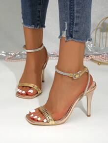 Women's High Heel Sandals Open Toe High Heels Rhinestone Lace-Up Stilettos Fashion Super High Heel Party Shoes - Gold - View 4