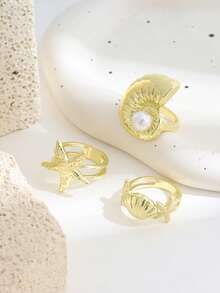 3pcs Seashell, Starfish, Conch Shaped Boho Vintage Style Rings, Classic Gold Color Fashion Rings For Women - Gold - View 2