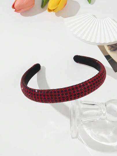 Festive Red & Black Houndstooth Rhinestone Headband, Retro Luxury Heightening Crown Versatile Hair Hoop