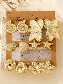 Fashionable Smooth Flower, Shell, Leaf Earrings Set, Suitable For Daily Wear And Party Occasions - Gold - View 2