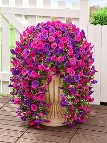 Hoa giả ngoài trời, hoa loa kèn giống lụa, chống tia UV, trông như thật, thích hợp để trang trí ngoài trời, hiên nhà, ban công, nhà cửa, sân thượng và trong nhà. - Hoa sen tím + đỏ - Xem 1