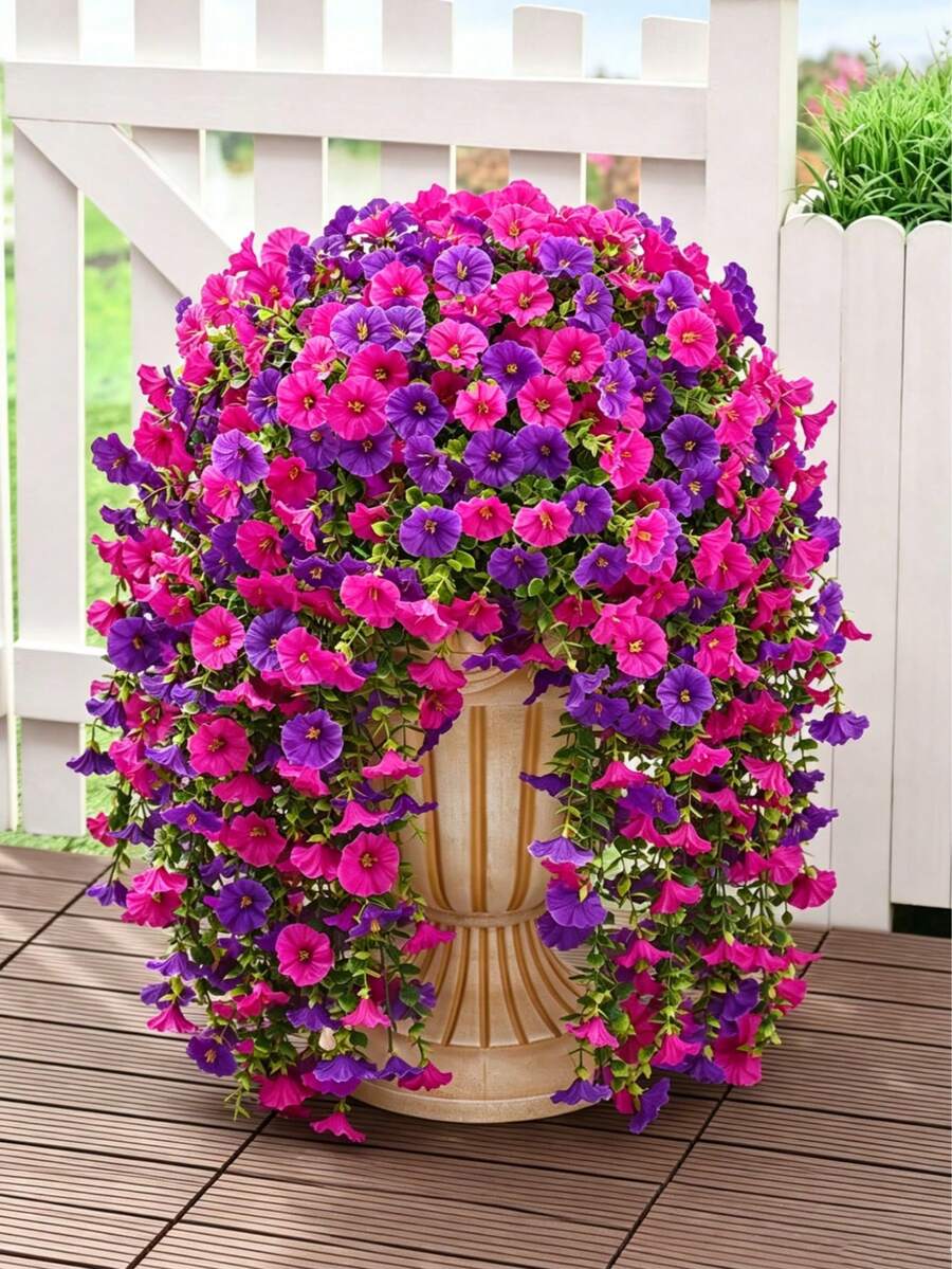 Hoa giả ngoài trời, hoa loa kèn giống lụa, chống tia UV, trông như thật, thích hợp để trang trí ngoài trời, hiên nhà, ban công, nhà cửa, sân thượng và trong nhà. - Hoa sen tím + đỏ - Xem 1