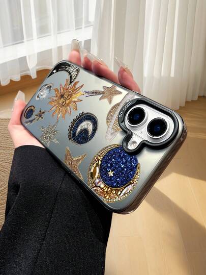 1pc Black Matte IMD Silver Case With Personalized Sparkling Starry Sky Pattern, Fashionable And Creative Protective Phone Case Suitable For IPhone 17/17 Pro/17 Pro Max/16/11/13/15/15 Plus/15 Pro/15 Pro Max/12/14 Pro Max/11 Pro Max/12 Pro/12 Pro Max/13 Pro/13 Pro Max/14 Pro/14 Plus, Also Compatible With Galaxy A26 5G/A56 5G/A06/A05/A05S/S25/S24/S23/S22, Shockproof Protective Case