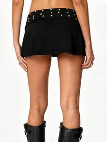 Women's Low Rise Mini Skirt Solid Color Studded Fixed Fold-Over Waistband A-Line Flowy Short Skirt For Streetwear - Black - View 7