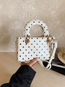 新款女士手提小号托特包，高端质感波点小方包，单肩斜挎两用包（带吊坠） - 白色 - 查看 4