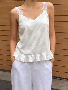 Women Dot Print Camisole Tops Lace Trim Spaghetti Strap V Neck Ruffled Hem Backless Cami Tops For Summer Going Out - 杏色 - 查看 3