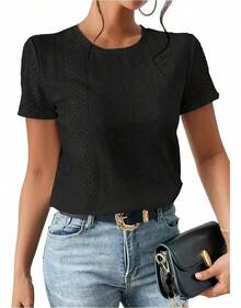 Women's Blouse Round Neck Short Sleeve Pattern Going Out Clothes - 黑色 - 查看 4
