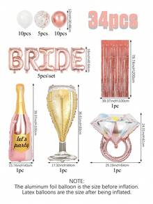 34件組玫瑰金 BRIDE 字母氣球套組，包含戒指、香檳、派對酒瓶、乳膠氣球、鋁箔窗簾，適用於新娘婚前派對、慶祝氣球、浪漫婚禮、週年紀念、單身女派對 - 多色 - 查看 6