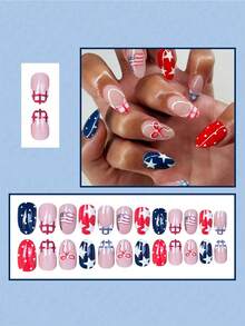 24pcs Patriotic American Flag Nail Art Set. Includes French Manicure Red White Blue Star Pattern, Bow Decor. Reusable Oval Fake Nails. Suitable For Independence Day And Memorial Day Nails. - Multicolor - View 5