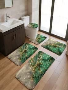 1/3/5件組深綠色睡蓮禪意風格浴室地墊套組，新中式水墨花卉地毯，柔軟吸水、防滑耐磨浴室配件套組－法蘭絨＋記憶棉＋Pong浴室地板墊－可機洗 - 綠金鎏光 - 查看 2