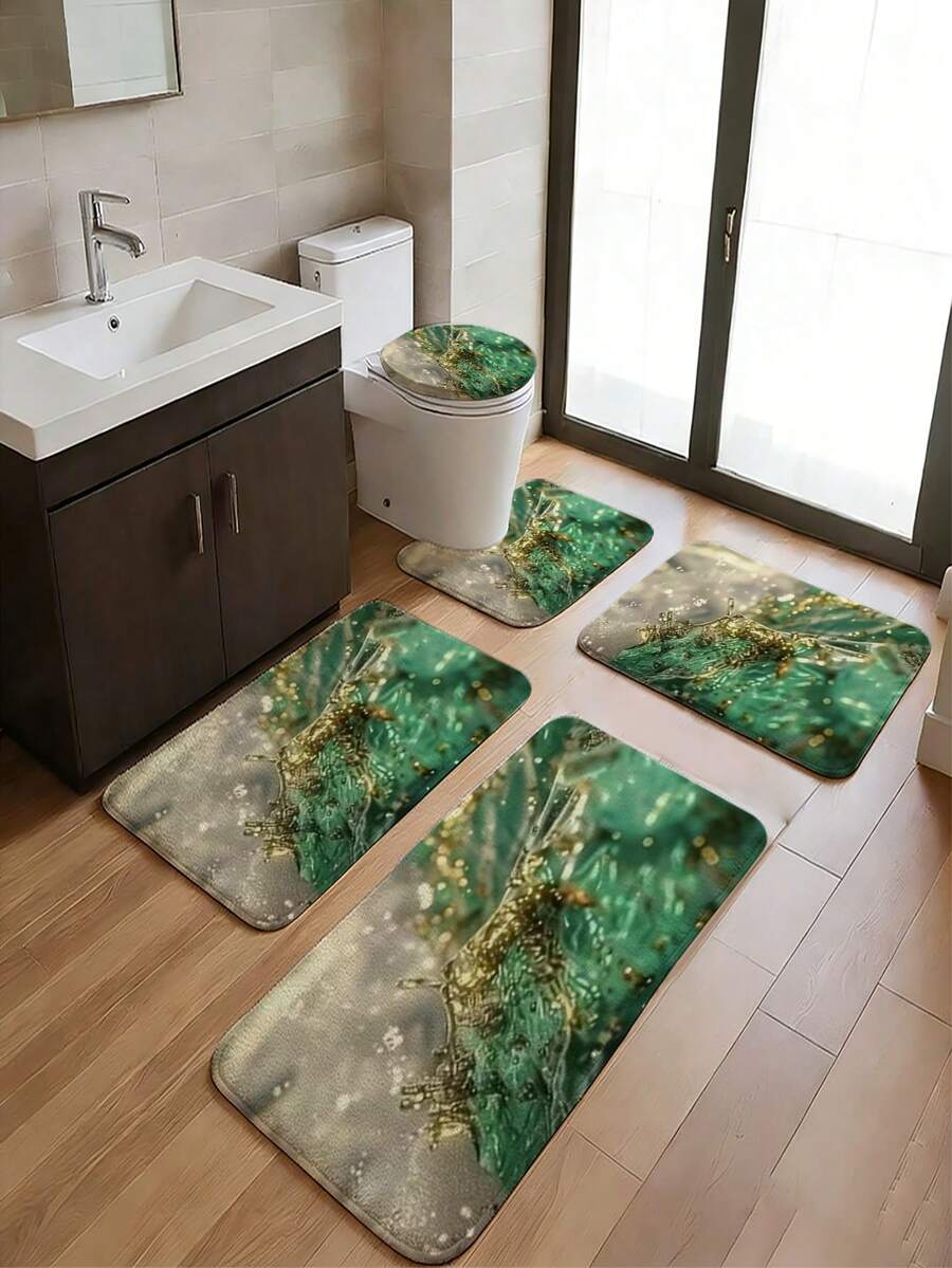 1/3/5件組深綠色睡蓮禪意風格浴室地墊套組，新中式水墨花卉地毯，柔軟吸水、防滑耐磨浴室配件套組－法蘭絨＋記憶棉＋Pong浴室地板墊－可機洗