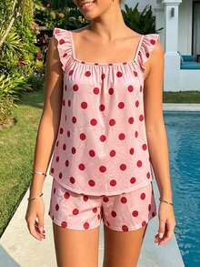 Womens 2 Piece Pajamas Set Cute Ruffle Sleeveless Dots Print Tops + Shorts Set Lounge Clothes - Rosa - Ver 2