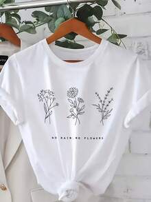Talla Grande - Talla Grande - Camiseta de Mujer con Estampado Floral y Letras, Cuello Redondo Casual, Manga Corta, Cómoda para Todas las Temporadas, Lavable a Máquina - Blanco - Ver 1