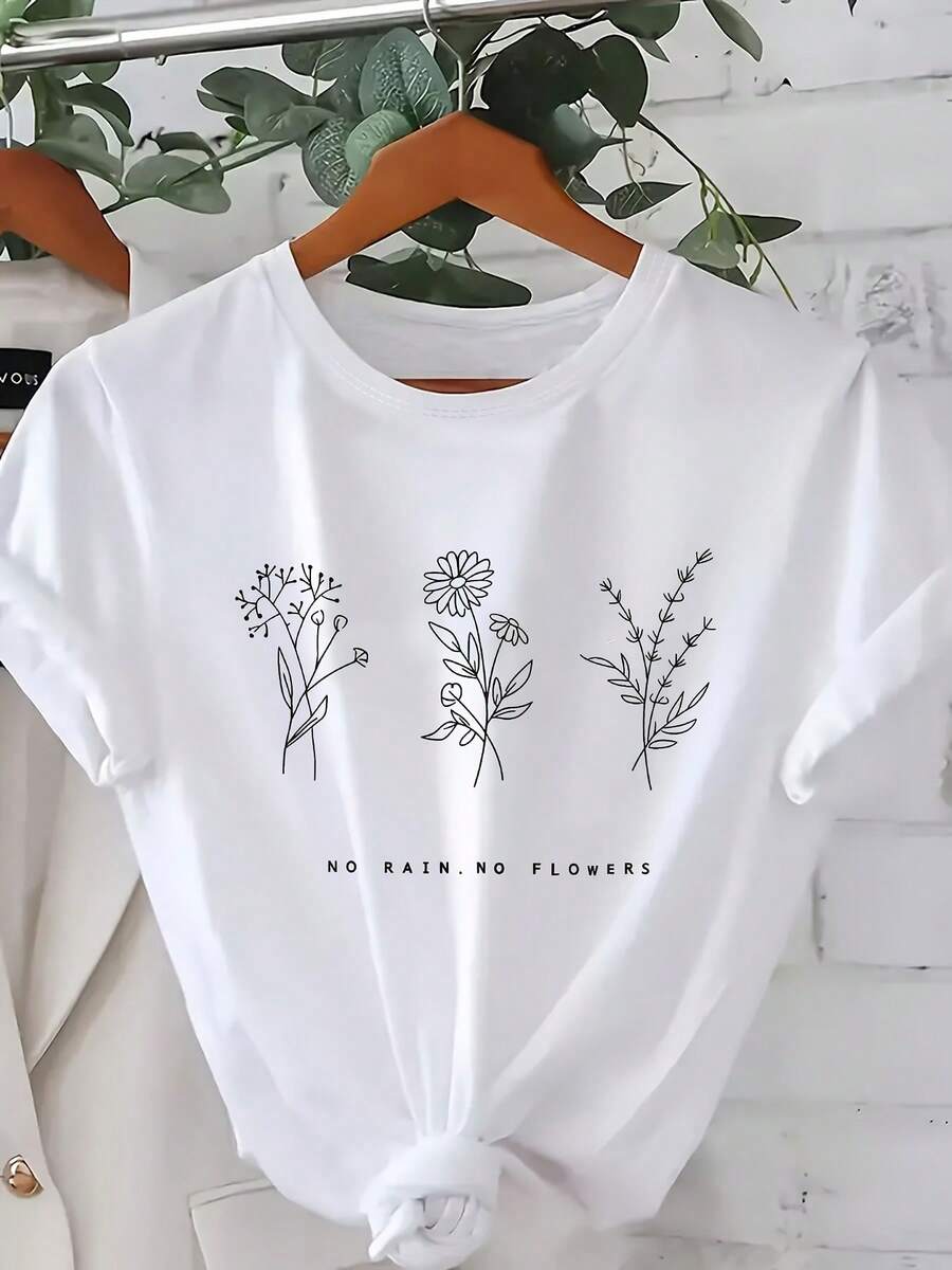 Talla Grande - Talla Grande - Camiseta de Mujer con Estampado Floral y Letras, Cuello Redondo Casual, Manga Corta, Cómoda para Todas las Temporadas, Lavable a Máquina - Blanco - Ver 1