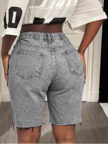 Plus Size Light Grey Distressed Frayed High Waist Stretchy Denim Capri Shorts, Suitable For Dates, Outings, Summer Chic, Slimming, Retro Versatile All-Match Casual - Light Gray - View 7