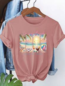 Sommaroutfit dam 2026 Sommarstrandserie Mönstrad kortärmad T-shirt 6260t-shirt dam - 02-Svart - Visa 7