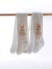 Bộ 2 chiếc quần tất mỏng cho bé gái, quần legging mùa hè cho bé, họa tiết lưới hình thỏ hoạt hình, thích hợp cho mùa xuân/hè. - trắng - Xem 13