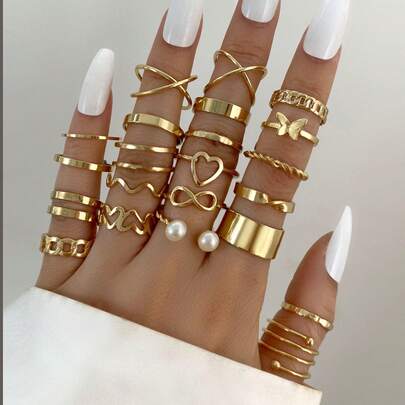 1 Set (22 piezas) Juego de anillos ajustables para nudillos con diseño único de corazón y mariposa para niña