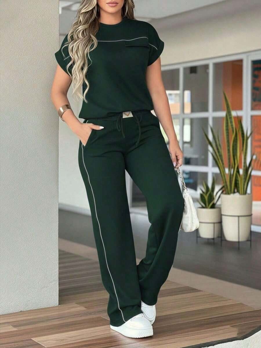 Conjunto de 2 piezas de mujer con top de cuello redondo de unicolor minimalista de manga corta y pantalones rectos de cintura alta, elegante para primavera/verano - Verde Oscuro - Ver 1