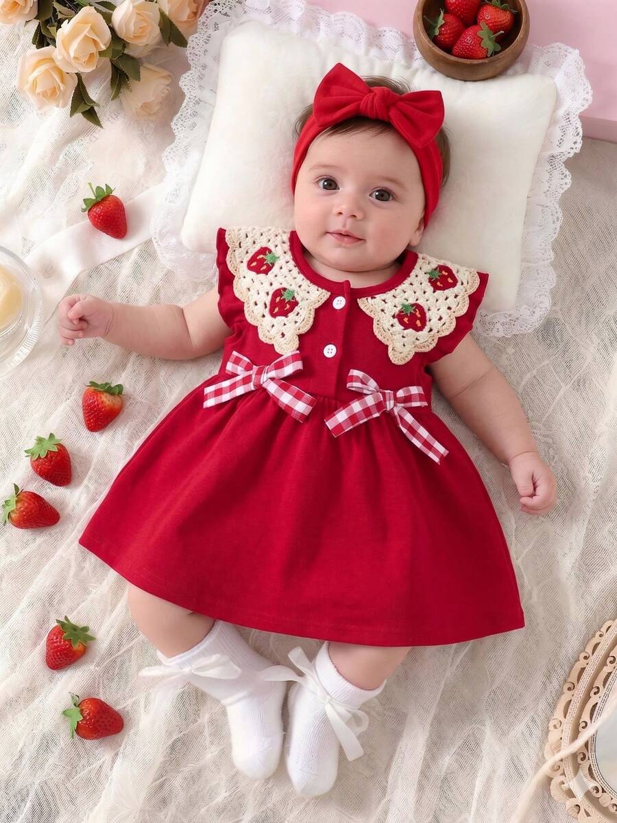 Baby Girl Solid Color Dress With Red & White Plaid Bow And Strawberry Crochet Collar - Red - View 1