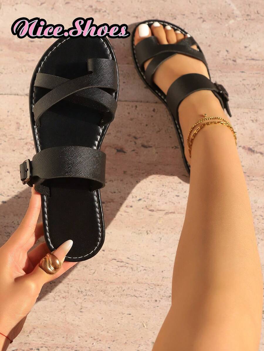 Summer New Arrival Criss-Cross Strap Buckle Flat Design, Casual Daily Commute & Beach Vacation, Minimalist Style Black & Brown Slide Sandals - Black - View 1