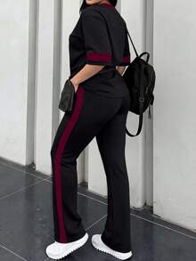 2 piezas Conjunto de camiseta de manga corta de cuello redondo y pantalones sueltos de cintura elástica para mujer, uso diario casual elegante de verano en color negro - Negro + Borgoña - Ver 9