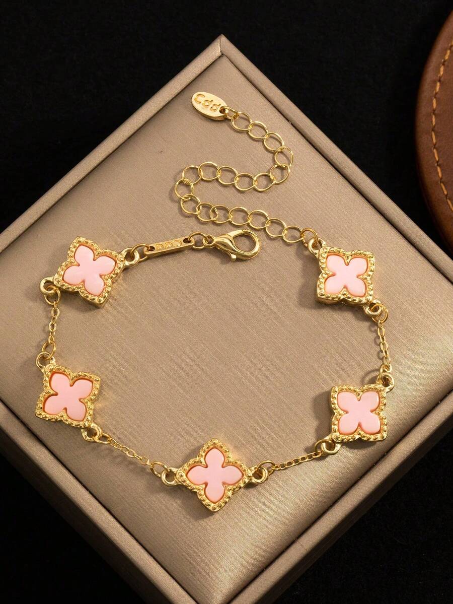 1 chiếc vòng tay hình cỏ bốn lá tối giản, phụ kiện hoa đính đá Cubic Zirconia sang trọng kiểu Pháp (Không kèm hộp quà) - hồng - Xem 1