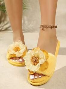Women's Elegant Floral Embroidered Fabric Slippers, Casual Home Wear, All Season - Yellow - View 9