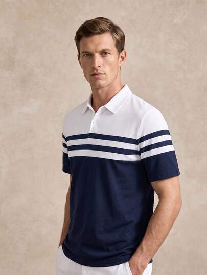 Courvante 男士撞色双色条纹半领 Polo 衫，送给丈夫的 Tenniscore