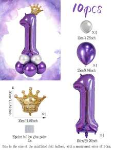 10pcs 40-Inch Purple 0-9 Number Balloons Set, Gold Crown Balloons, Metallic Silver & Purple Latex Balloons, Suitable For Birthday Party, Event Decoration - Multicolor - View 10