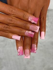10pcs Y2K Style Duck Mouth Nail Art Set, Handmade, Pink Nails, Pink Ombre French Manicure, Hand-Painted Pink Ombre Nails, Pink Floral Elements Design, Shiny Rhinestone Decor, Elegant And Exquisite, Perfect For Party And Casual Outfits, An Ideal Gift For Women And Girls, Nail Art Supplies - Multicolor - View 4