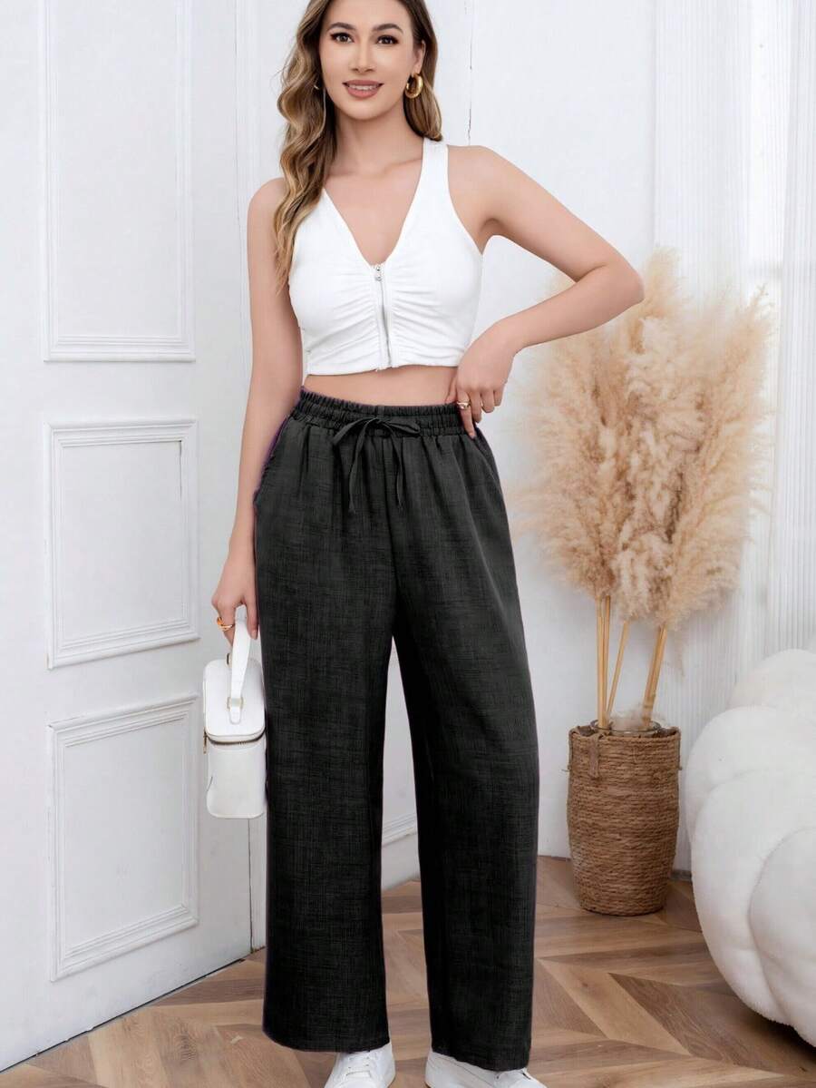 Women's Casual Polyester Long Wide Leg Pants With Drawstring Waist And Slight Stretch Fabric - 黑色 - 查看 1
