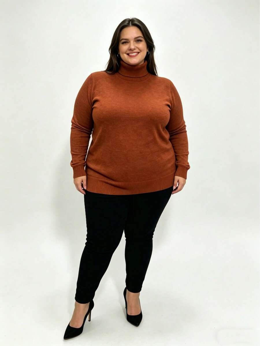 Steve Store Women's Fashion Knitwear Turtleneck Plus Size Spandex Sweater High Neck Long Sleeve Blouse Basic Winter Blouse Elegant Fashion - ferrugem - 查看 1