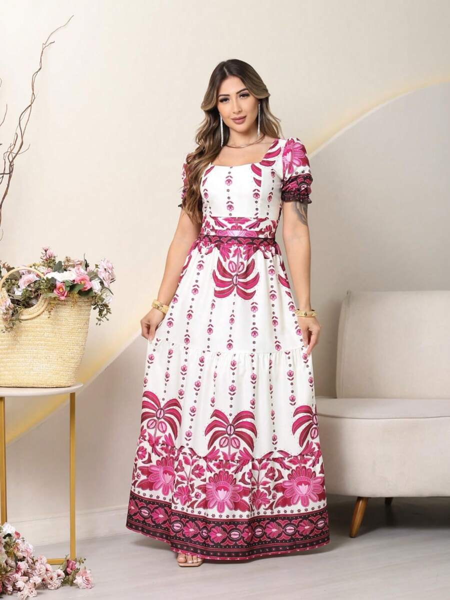 Women's Long Printed Premium Luxury Elegant Casual Party Dress With Ruffled Fabric, Perfect For Weddings, Home, Baby Showers, And Dates. - 彩色 - 查看 1