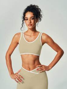UONNOU Set Pakaian Olahraga Tanpa Jahitan: Celana Yoga Model Lebar Pinggang Tinggi dan Bra Olahraga Model U-Neck - Khaki - View 4