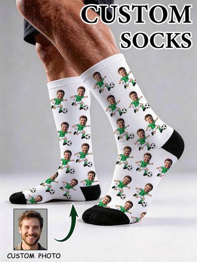 Customized Photo Face Football Socks | Personalized Cartoon Soccer Player Socks | Men's Mid-Calf Sports Socks | Unique Gift For Football Fans And Boyfriends