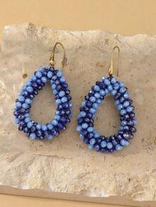 1 Pair Vintage Elegant Fashion Hollow Geometric Handmade Crystal Hoop Earrings, Luxury Handwoven Burgundy Beaded Hoop Earrings Suitable For Valentine's Day, Music Festival, Wedding, Gift For Friends And Lovers, Suitable For Women's Daily, Vacation, Party Wear (Handmade Beaded Color And Position Random) - 藍色 - 查看 9