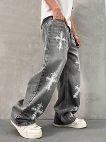 Quần jeans nam HEHCN in họa tiết chéo, túi ngực, dáng rộng, phong cách retro Y2K, màu xanh dương, ống rộng, chất liệu denim. - Xám - Xem 4
