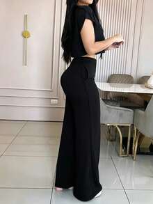 Women's Casual Elegant Solid Color Pocket 2 Pieces Set, Spring/Summer Black - Black - View 2