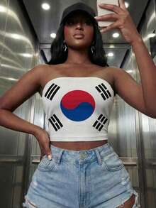 Women's Korea Flag Print Strapless Backless Cropped Top, Casual Sporty Style, Suitable For Summer, Spring, Football Matches, World Cup - South Korea - View 2