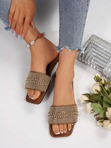 1 Pair Plus Size Shiny Gold Color, Rhinestone & Double Pearl Decor Slides, Elegant & Fashionable For Party, Vacation, Beach, Comfortable Slip-On Flat Mules Sandals, Suitable For Daily Wear, Size 41-42-43 - Chocolate Brown - View 3