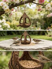 1pc Brown Tree Bark Texture Water Drop Shaped Hanging Bird Feeder, Rustic Faux Wood Resin Bird Feeding Dish With Perch And Hemp Rope, Hollow Tree Trunk Design Wild Bird Food Storage Container, Tree Hanging Garden Patio Spring Summer Outdoor Wildlife Decor Gift - Tree - View 6
