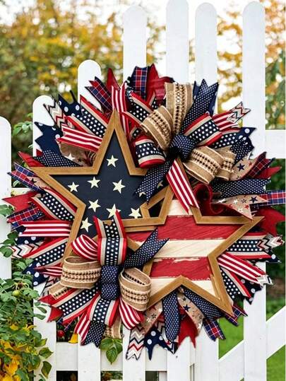 1个爱国主题花环 - 独立日纪念花环 - 充满活力的独立日装饰 - 非常适合7月4日及所有季节的庆祝活动、家居装饰，适合摆放在入口、前门、室内装饰处