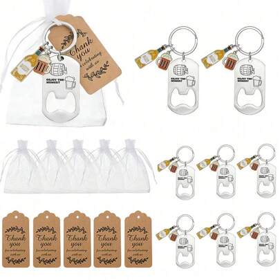 Bộ quà tặng 15 món móc khóa mở nắp chai bia bằng thép không gỉ - Bao gồm 5 móc khóa mở nắp chai bia, 5 thẻ và 5 túi vải organza trong suốt. Bộ quà tặng độc đáo này có thiết kế sang trọng hình chai bia và ly, rất thích hợp làm phụ kiện trang trí ba lô, phụ kiện xe hơi, và tất nhiên là dụng cụ mở nắp chai.