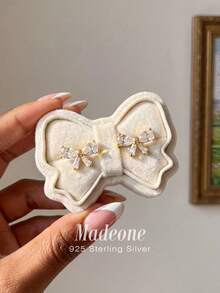 MADEONE 1 Pair 925 Sterling Silver Ribbon Zirconia Stud Earrings, Elegant Jewelry For Women, Suitable For Daily Wear, Versatile With Various Outfits, Also Perfect Accessory For Dates And Parties. - Gold - View 1