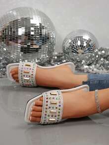 1 Pair Plus Size Shiny Gold Color, Rhinestone & Double Pearl Decor Slides, Elegant & Fashionable For Party, Vacation, Beach, Comfortable Slip-On Flat Mules, Suitable For Daily Wear, Size 41-42-43 - White - View 5