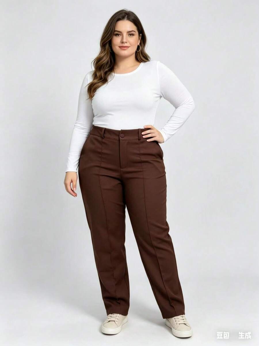 Straight Leg Plus Size Tailored Trousers 46-50 With Belt, Button And Zipper Closure 8827 - 鏽棕色 - 查看 1