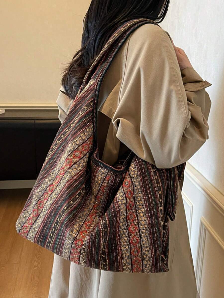 Bohemian Style Portable Bag Large Travel Bag Designer Women Shoulder Bag Portable Linen Bag Canvas Crossbody Bag , Bohemian Outfit For Women, Boho - màu nâu - Xem 1